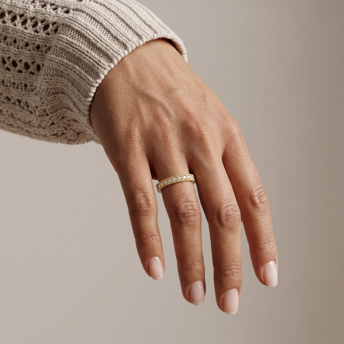 Yellow Gold Round Moissanite Milgrain Band Ring