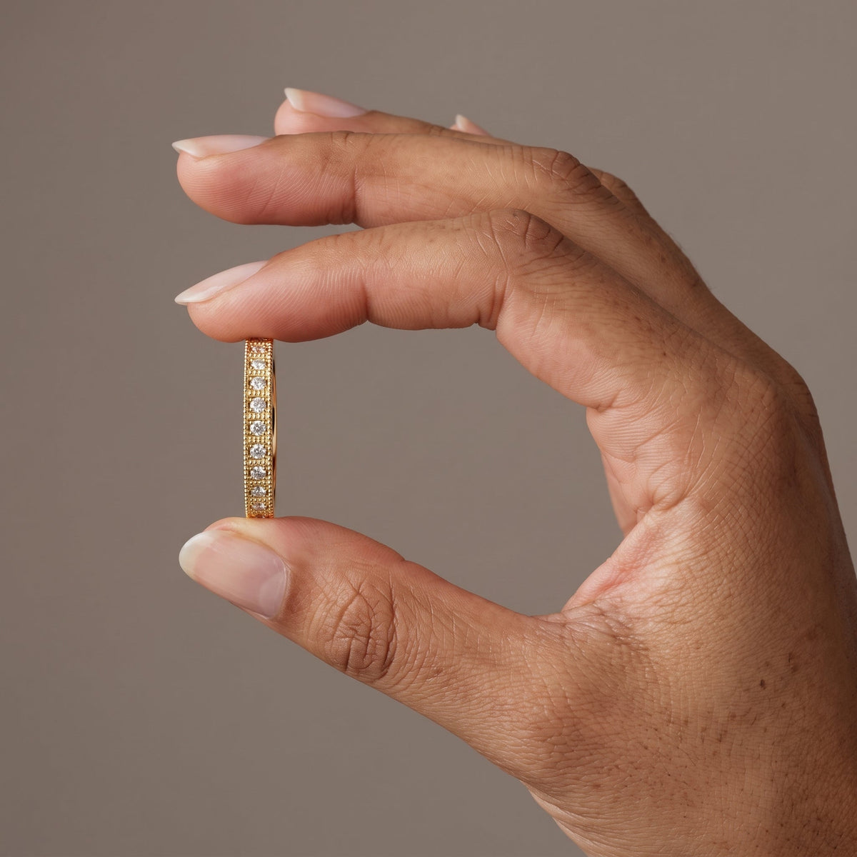 Yellow Gold Round Moissanite Milgrain Band Ring