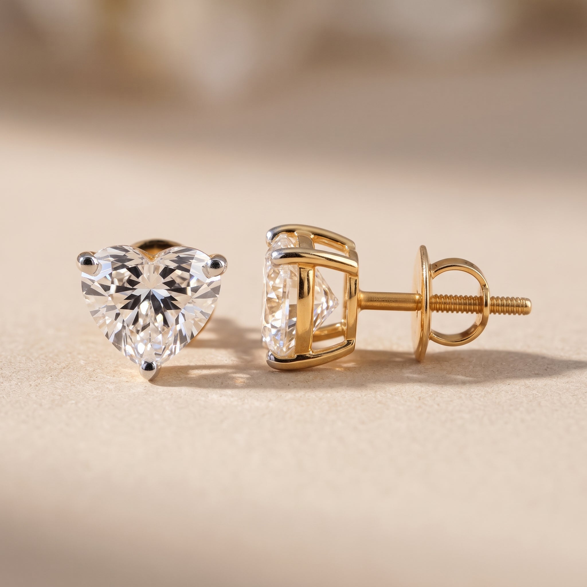 Yellow Gold Heart Cut Moissanite Stud Earrings