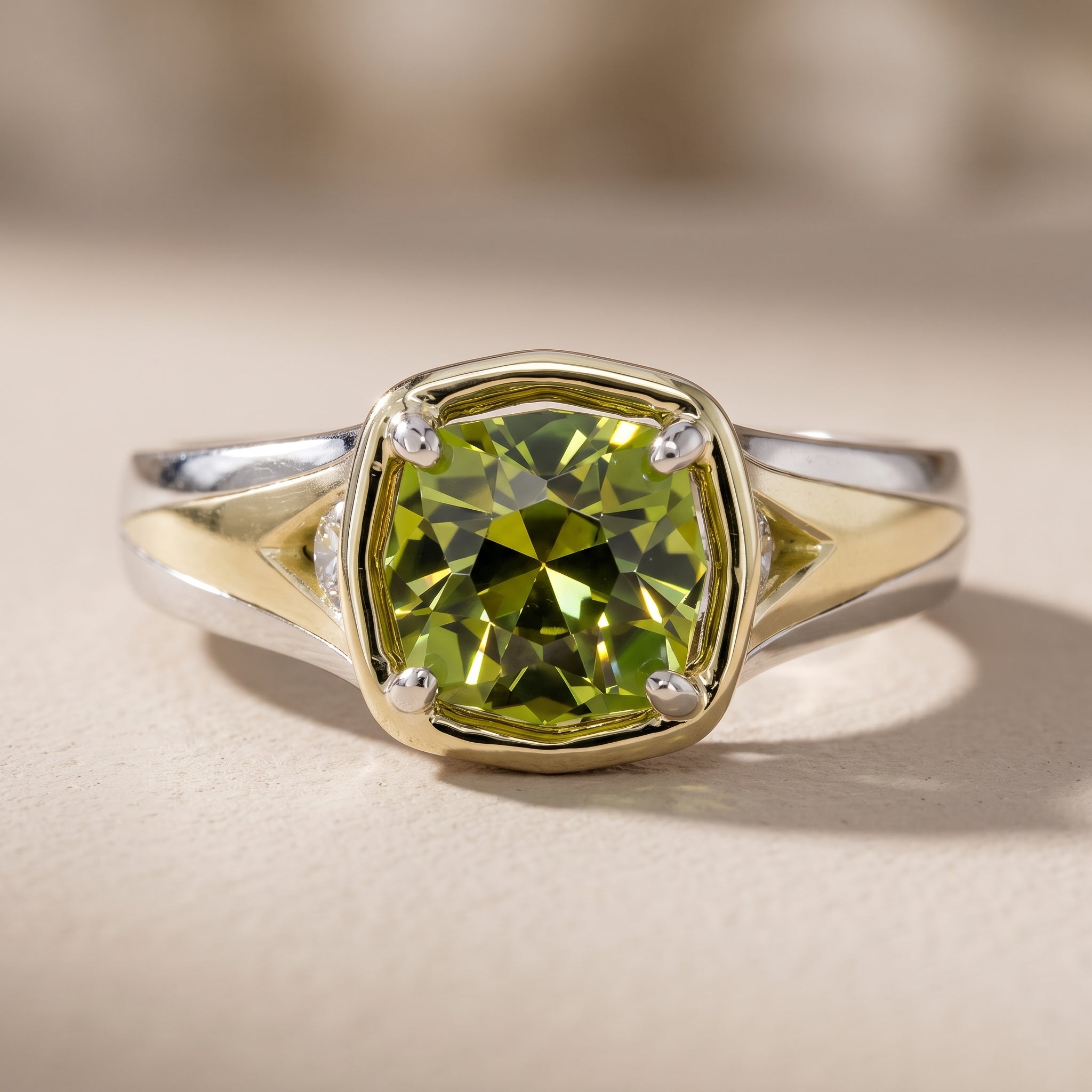 Two-Tone Cushion Cut Green Moissanite Engagement Ring