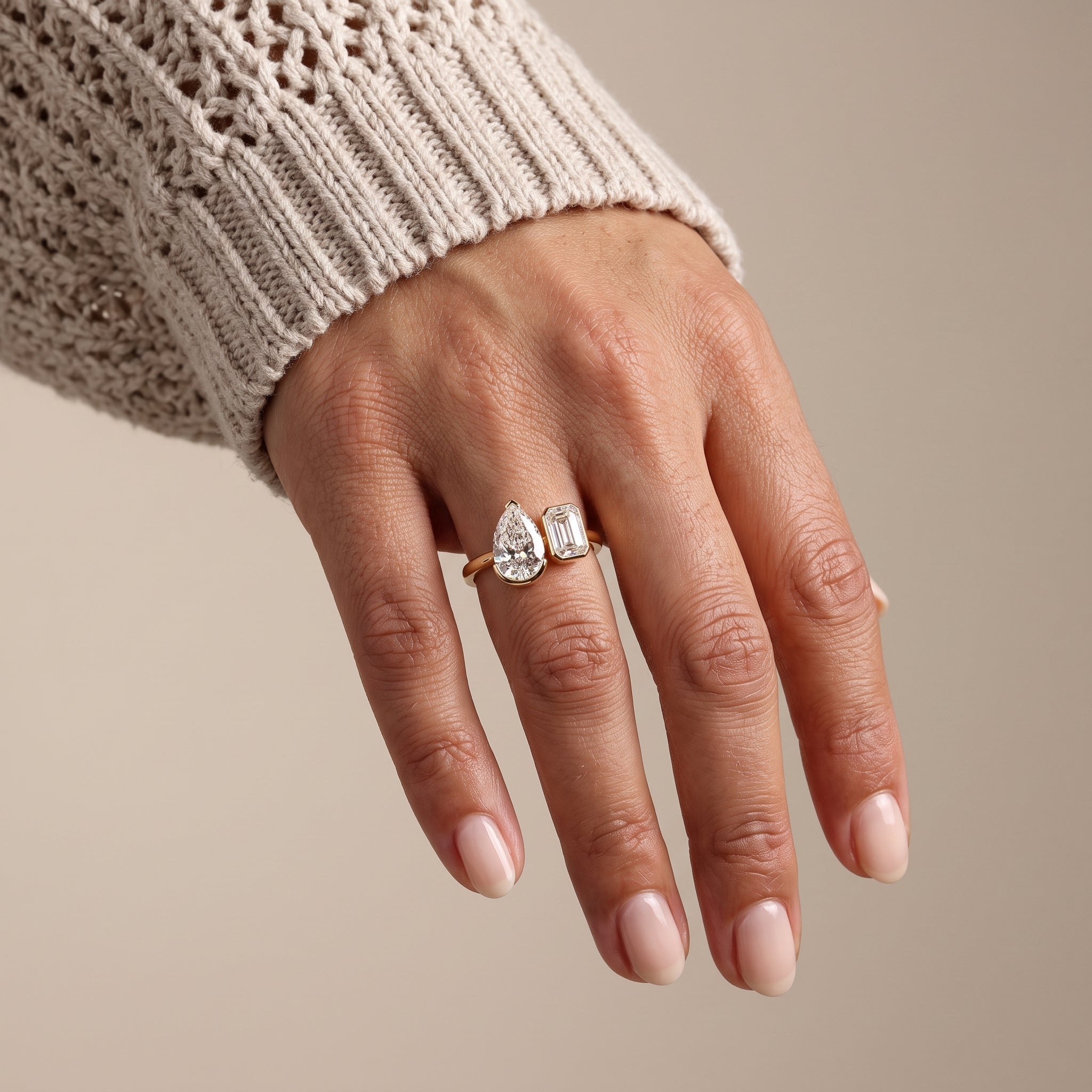 Yellow Gold Pear & Emerald Cut Moissanite Open Ring