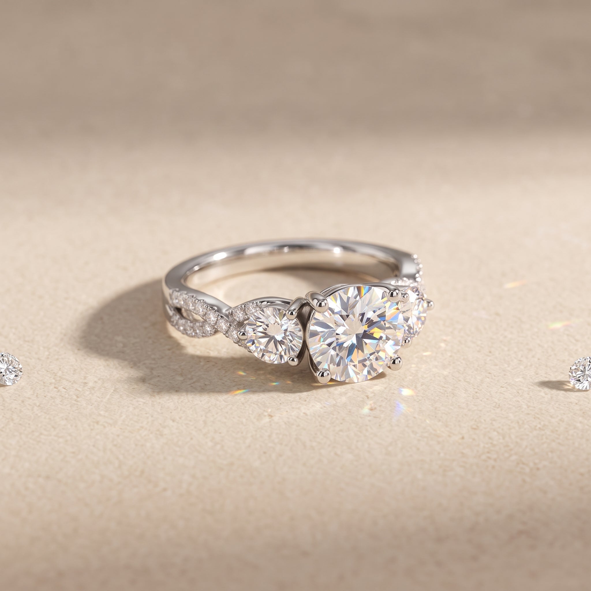 White Metal Round Moissanite Three-Stone Engagement Ring