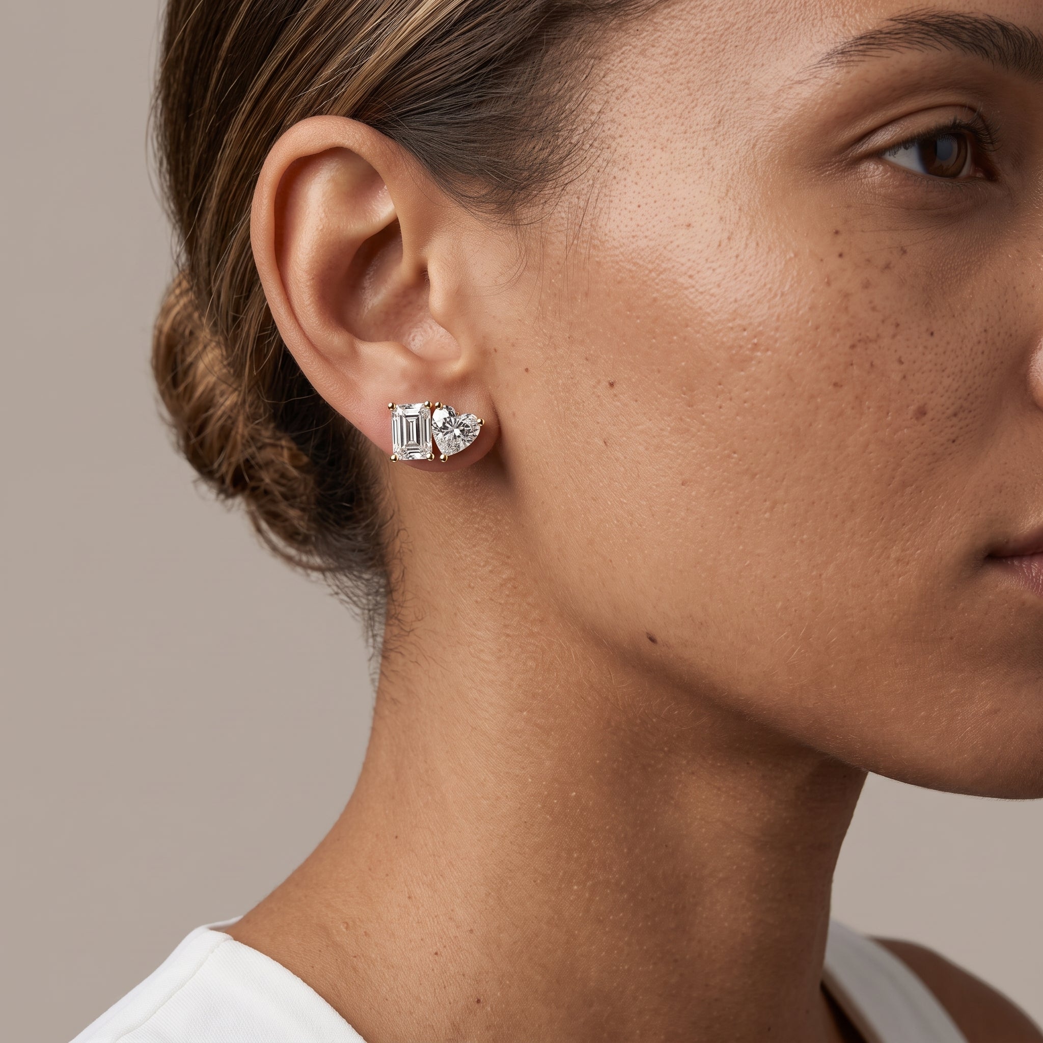 Yellow Gold Emerald Cut & Heart Moissanite Stud Earrings