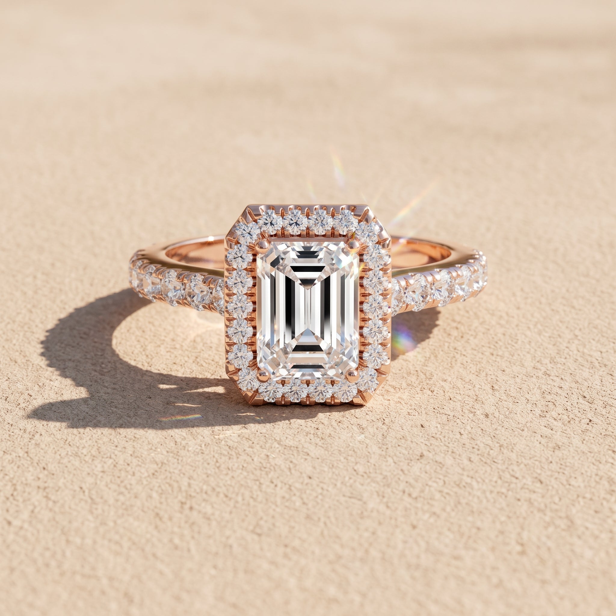 Rose Gold Emerald Cut Moissanite Halo Engagement Ring