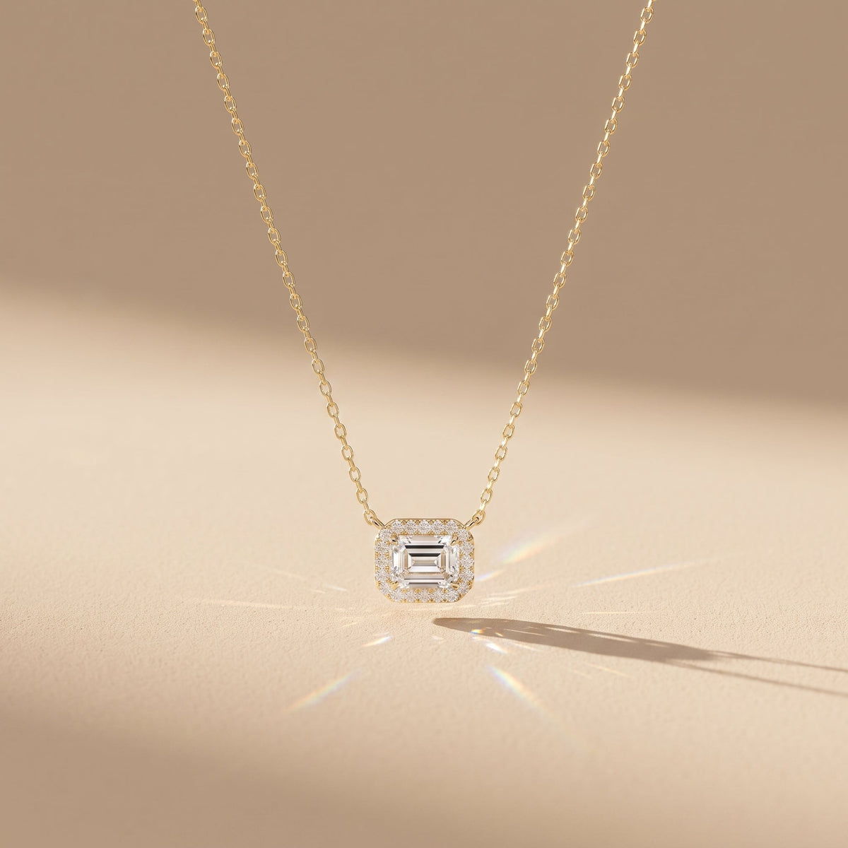 Yellow Gold Emerald Cut Moissanite Halo Pendant Necklace