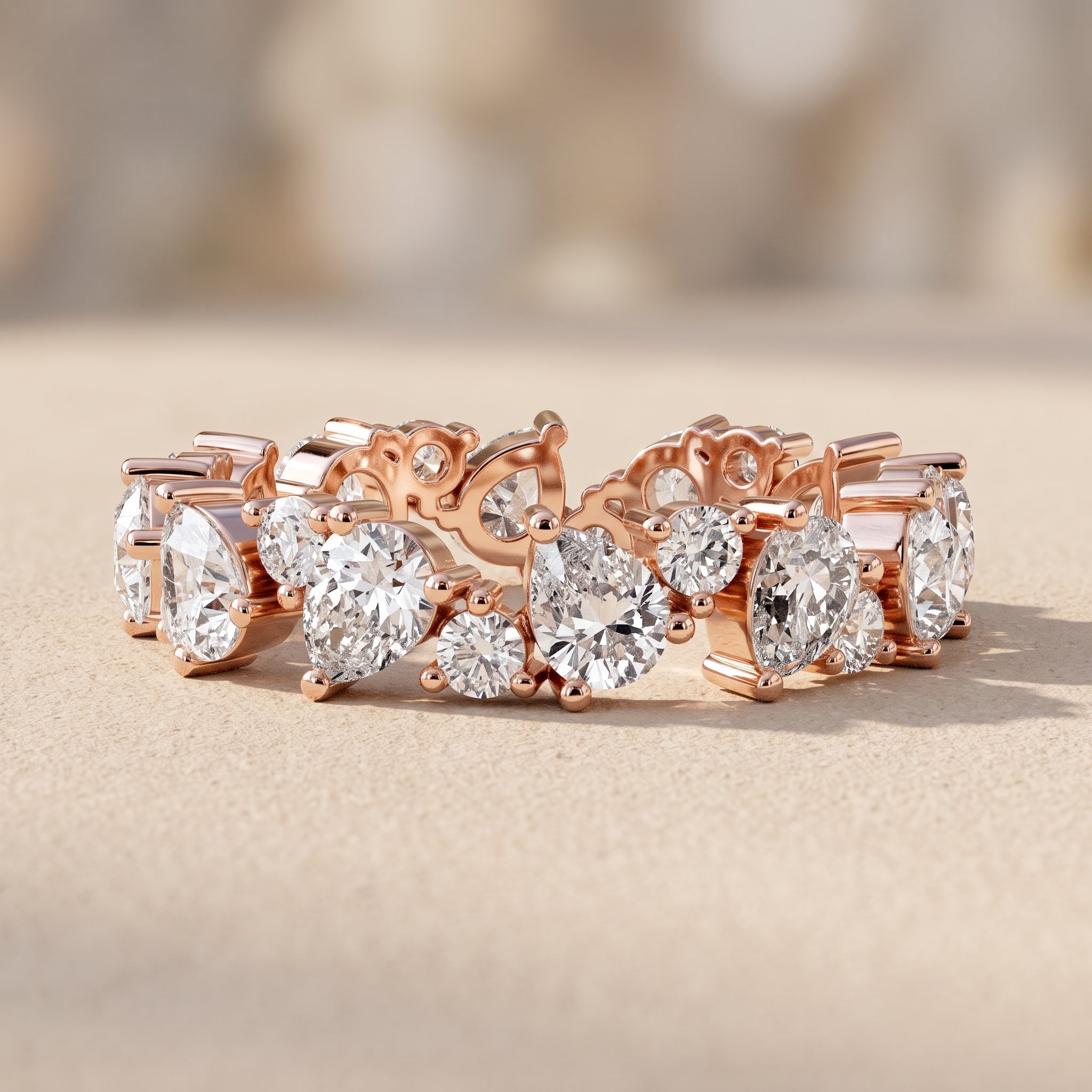 Rose Gold Pear & Round Moissanite Eternity Band Ring