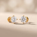 Yellow Gold Round Moissanite Stud Earrings with Screw Back