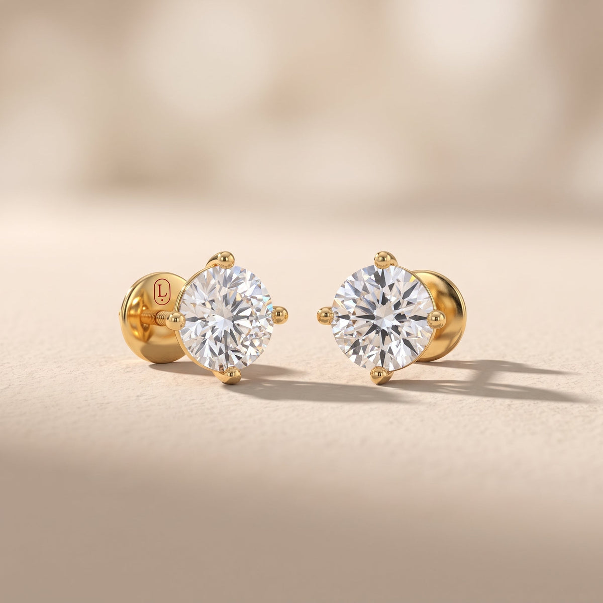 Yellow Gold Round Moissanite Stud Earrings with Screw Back