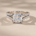 White Gold Cushion Cut Moissanite Split Shank Engagement Ring