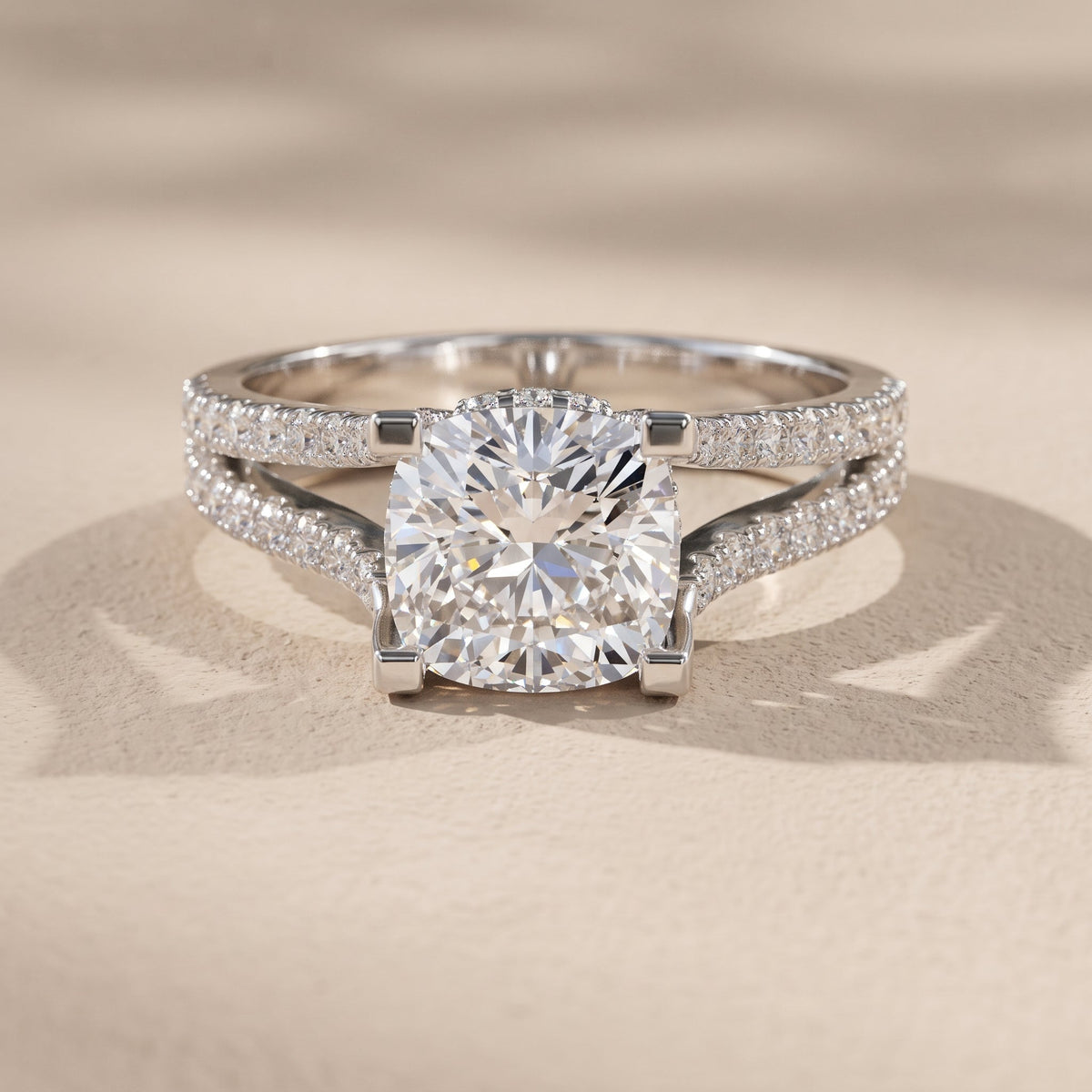 White Gold Cushion Cut Moissanite Split Shank Engagement Ring