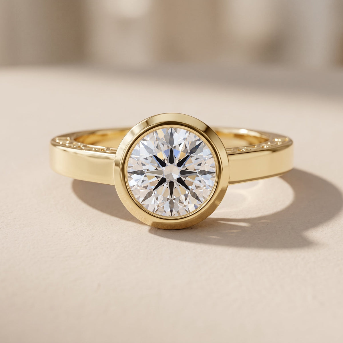 Yellow Gold Round Moissanite Bezel Engagement Ring