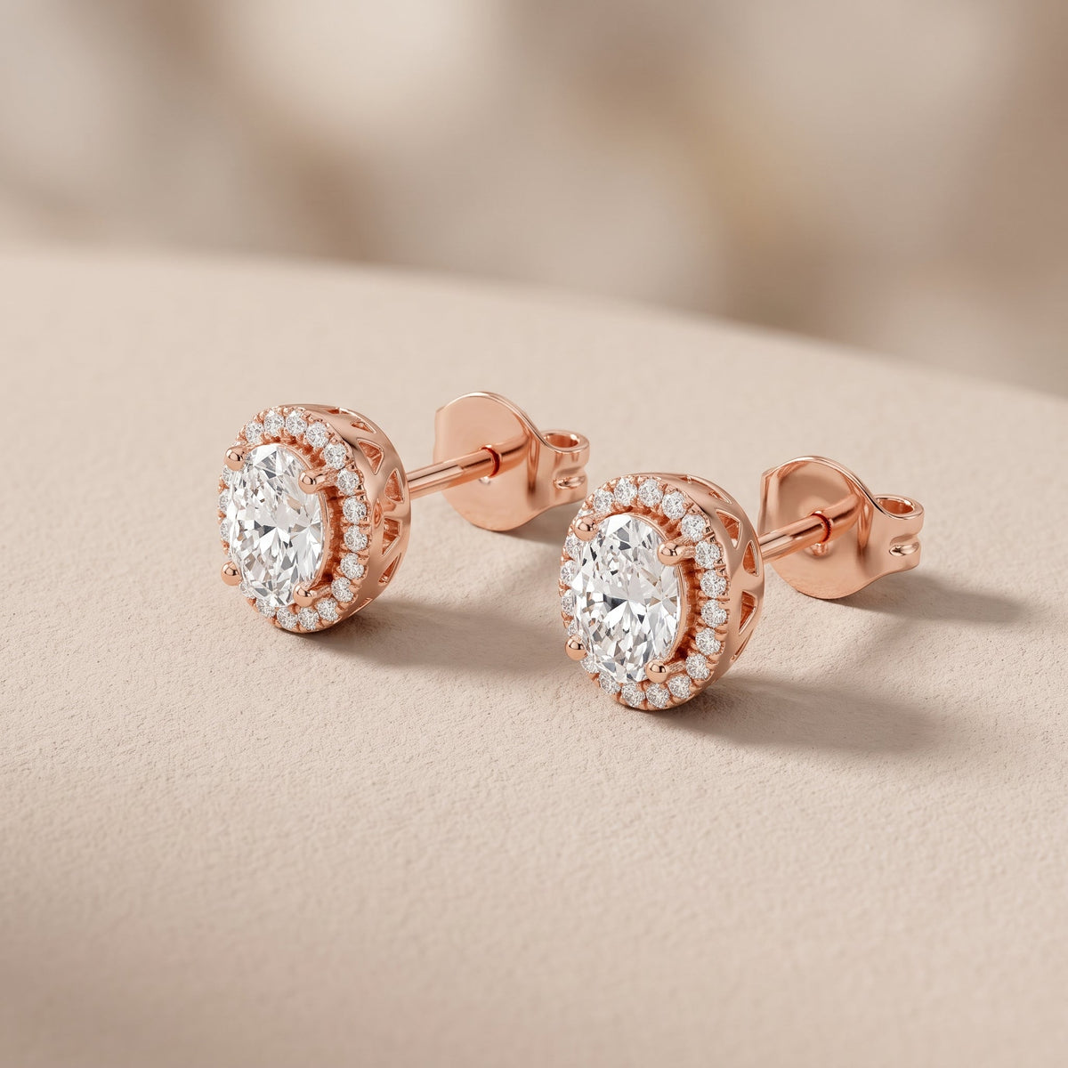 Rose Gold Oval Moissanite Halo Stud Earrings