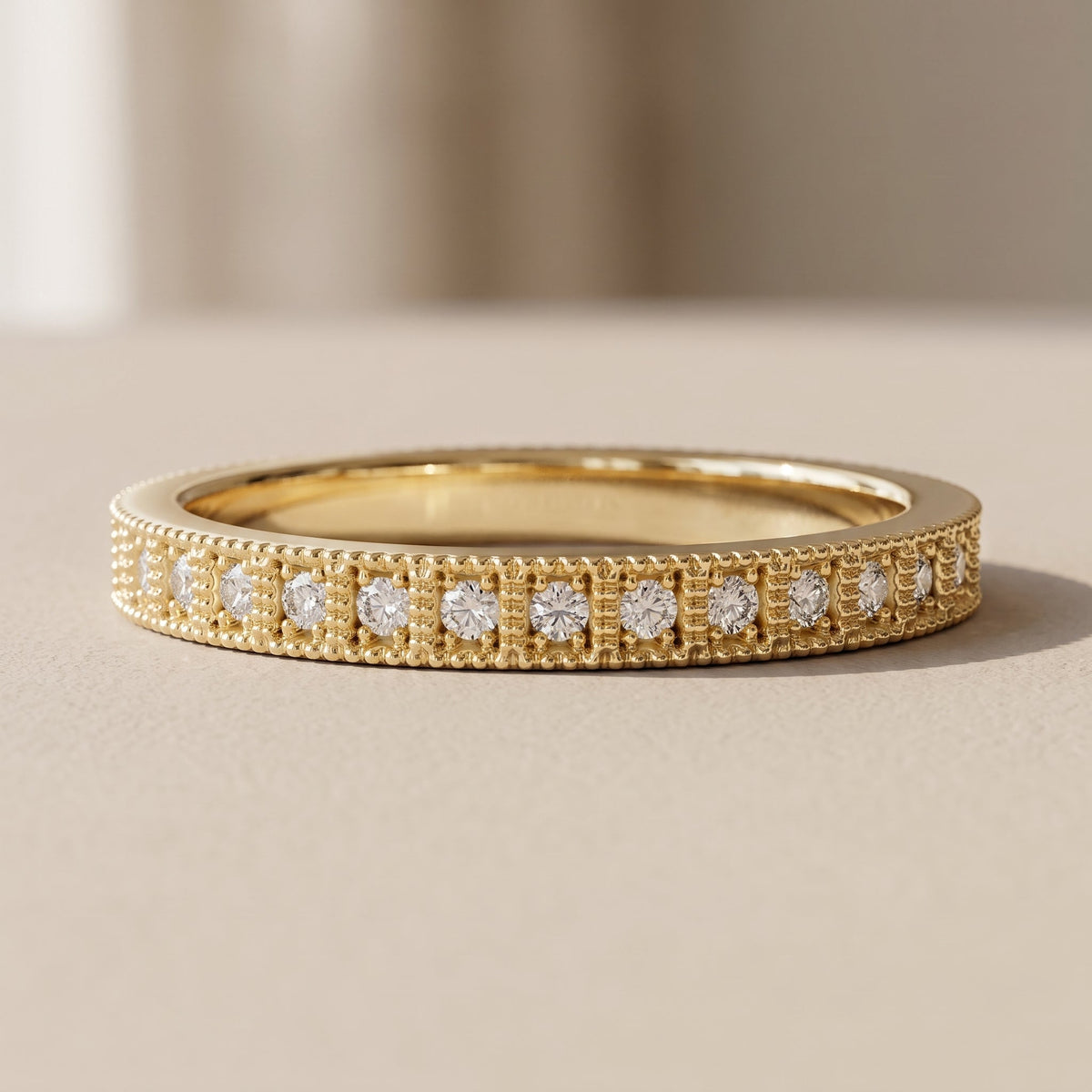 Yellow Gold Round Moissanite Milgrain Band Ring