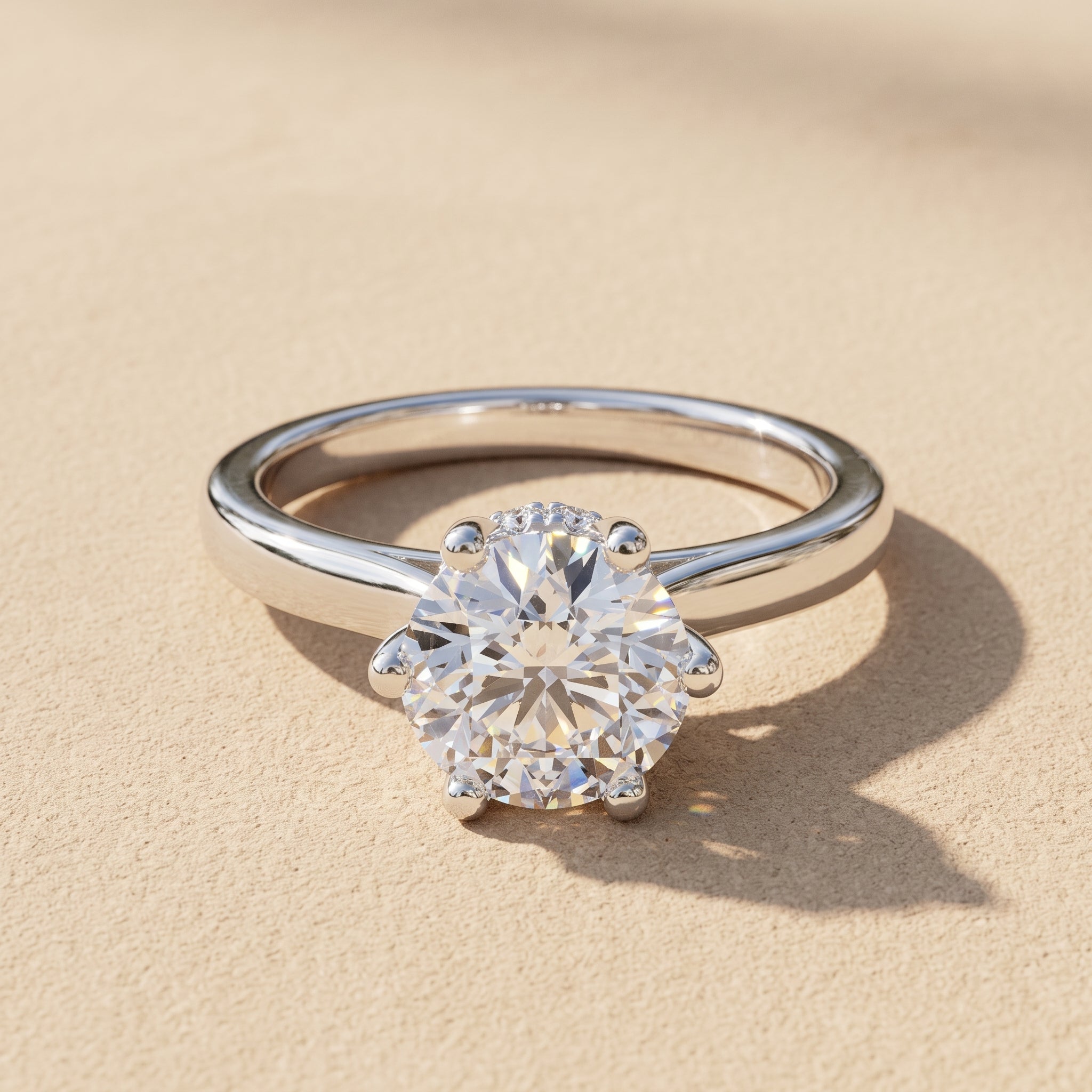 White Metal Round Brilliant Moissanite Solitaire Engagement Ring