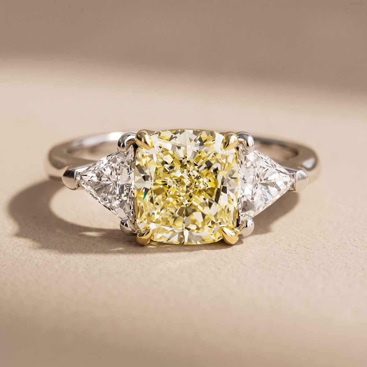 White Gold Cushion Cut Yellow Moissanite Three Stone Ring