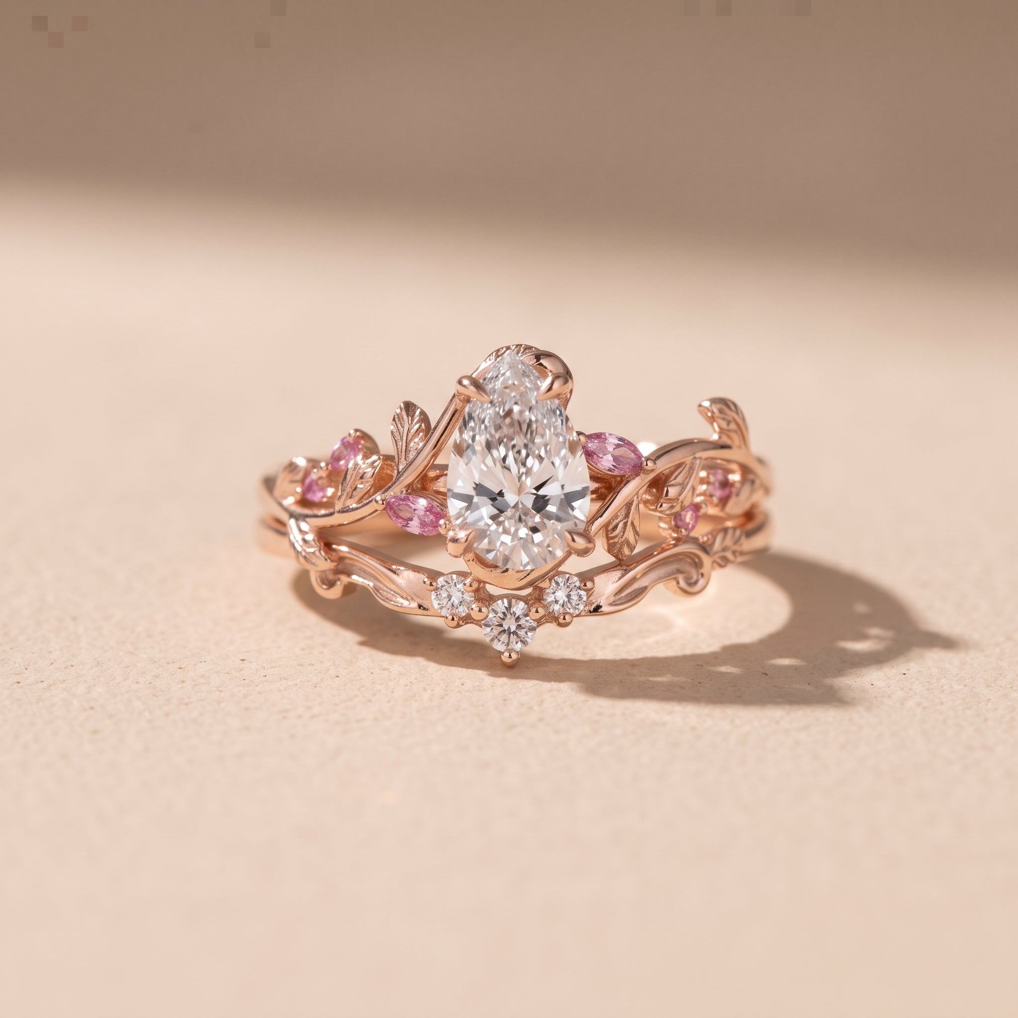 Rose Gold Pear Cut Moissanite Nature-Inspired Engagement Ring