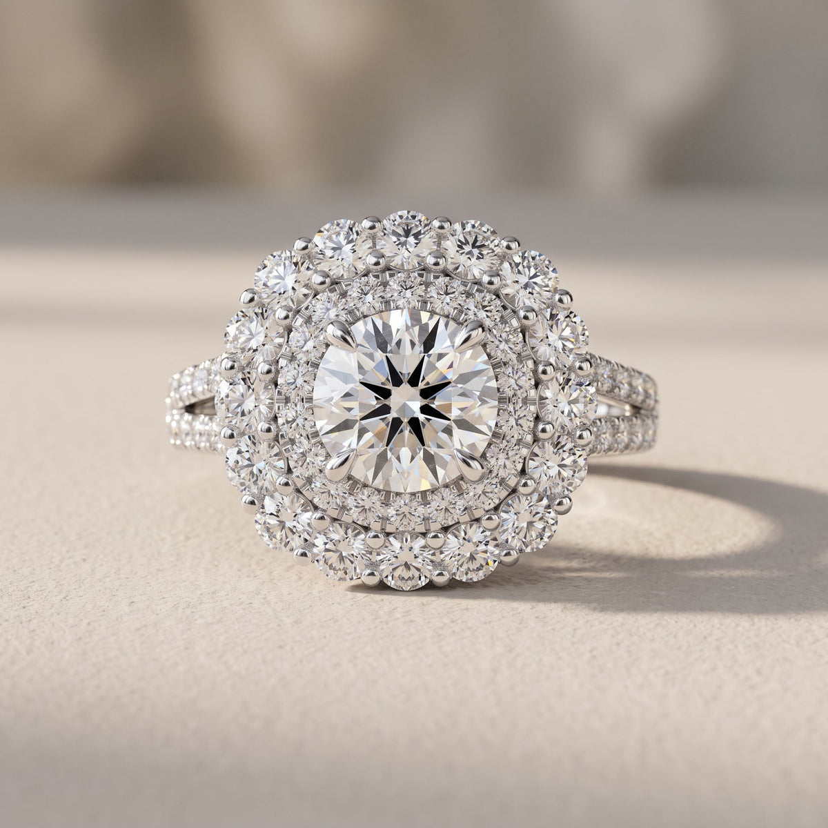White Round Moissanite Double Halo Engagement Ring