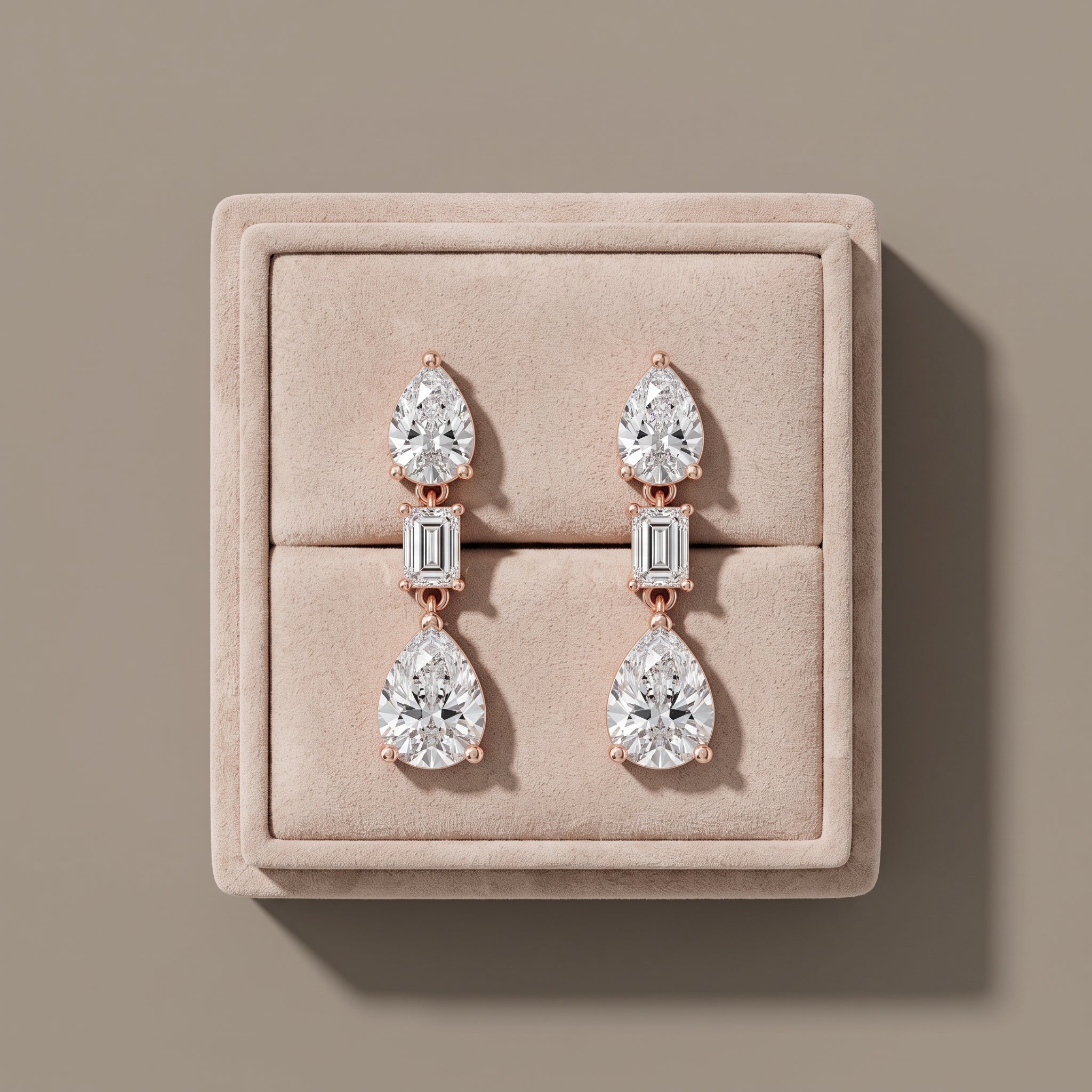 Rose Gold Pear & Emerald Cut Moissanite Drop Earrings