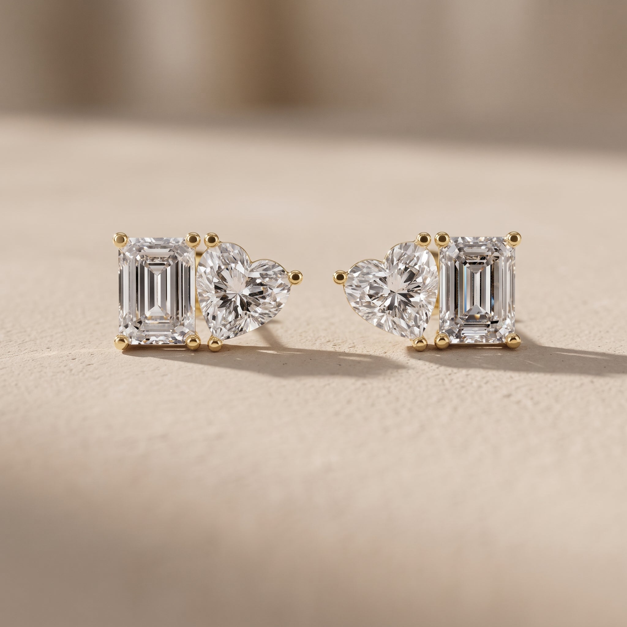 Yellow Gold Emerald Cut & Heart Moissanite Stud Earrings