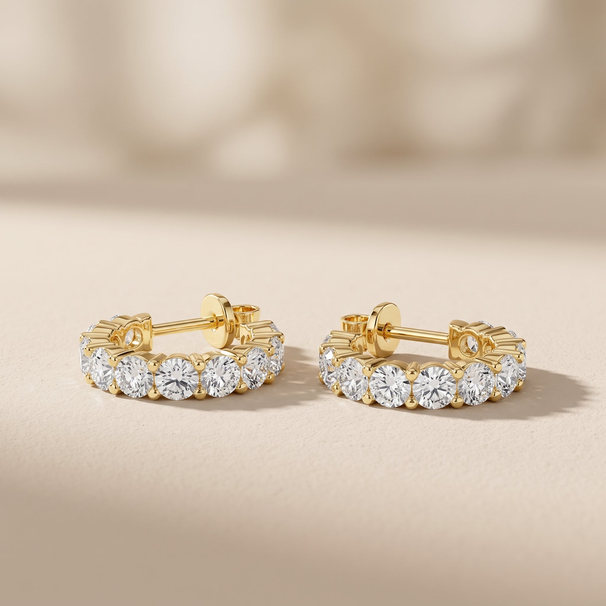 Yellow Gold Round Moissanite Hoop Earrings