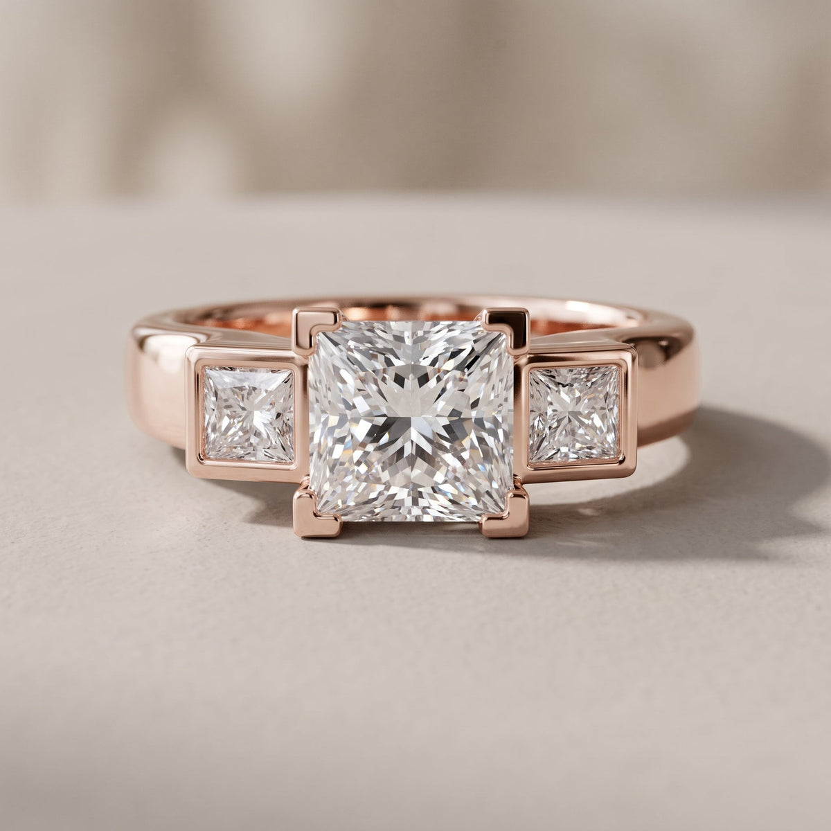Rose Gold Princess Cut Moissanite Three-Stone Ring