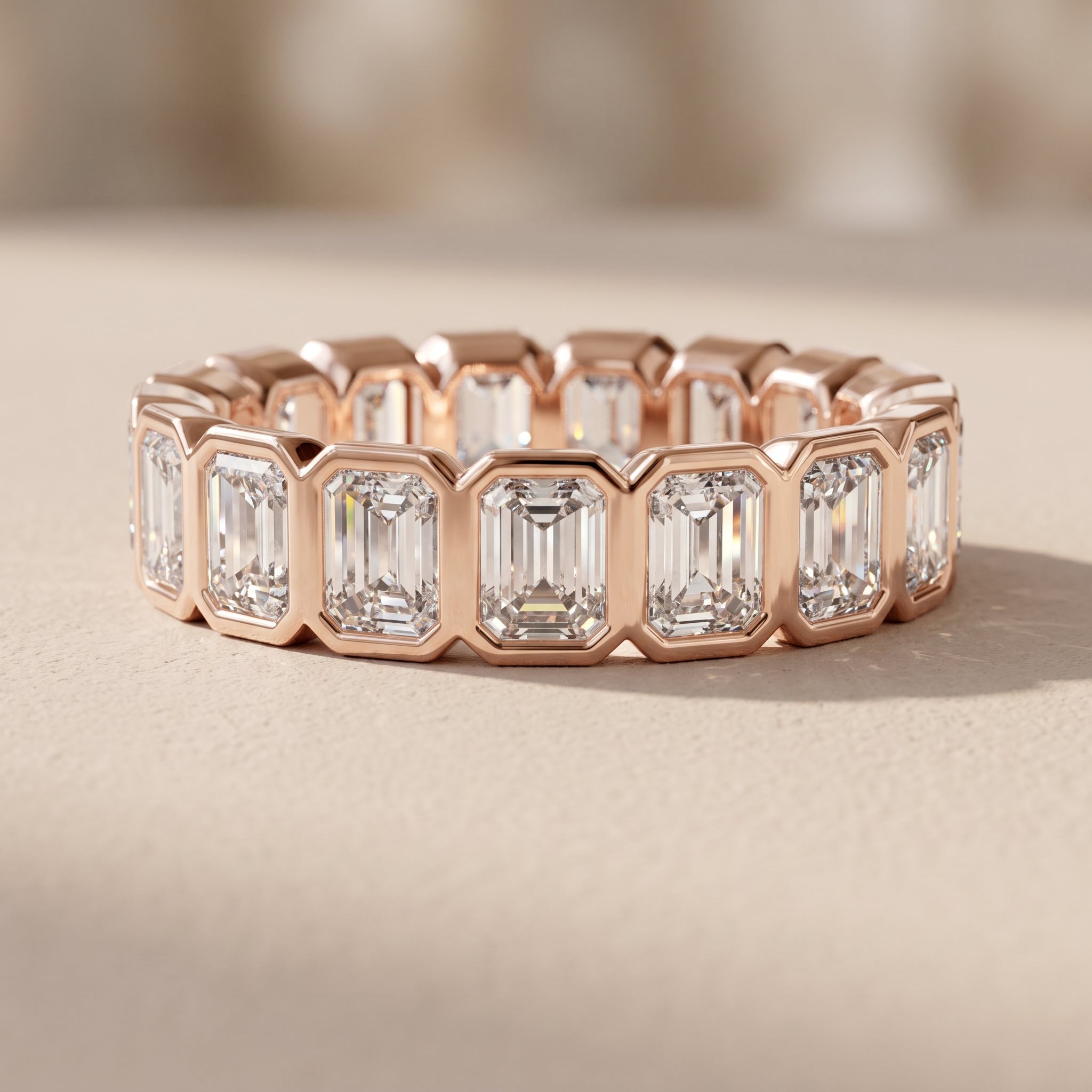 Rose Gold Emerald Cut Moissanite Eternity Band Ring