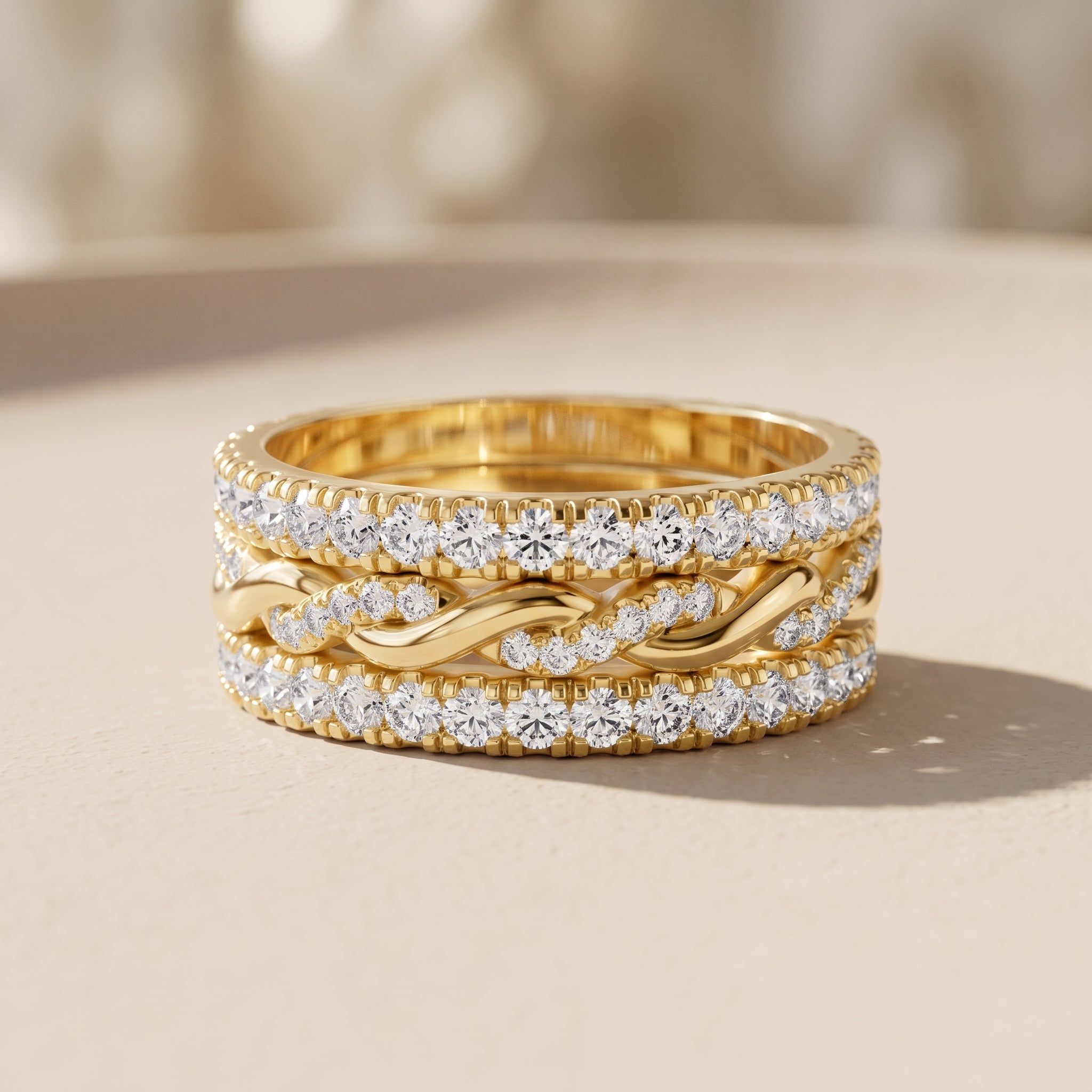 Yellow Gold Round Moissanite Twisted Stackable Band Ring