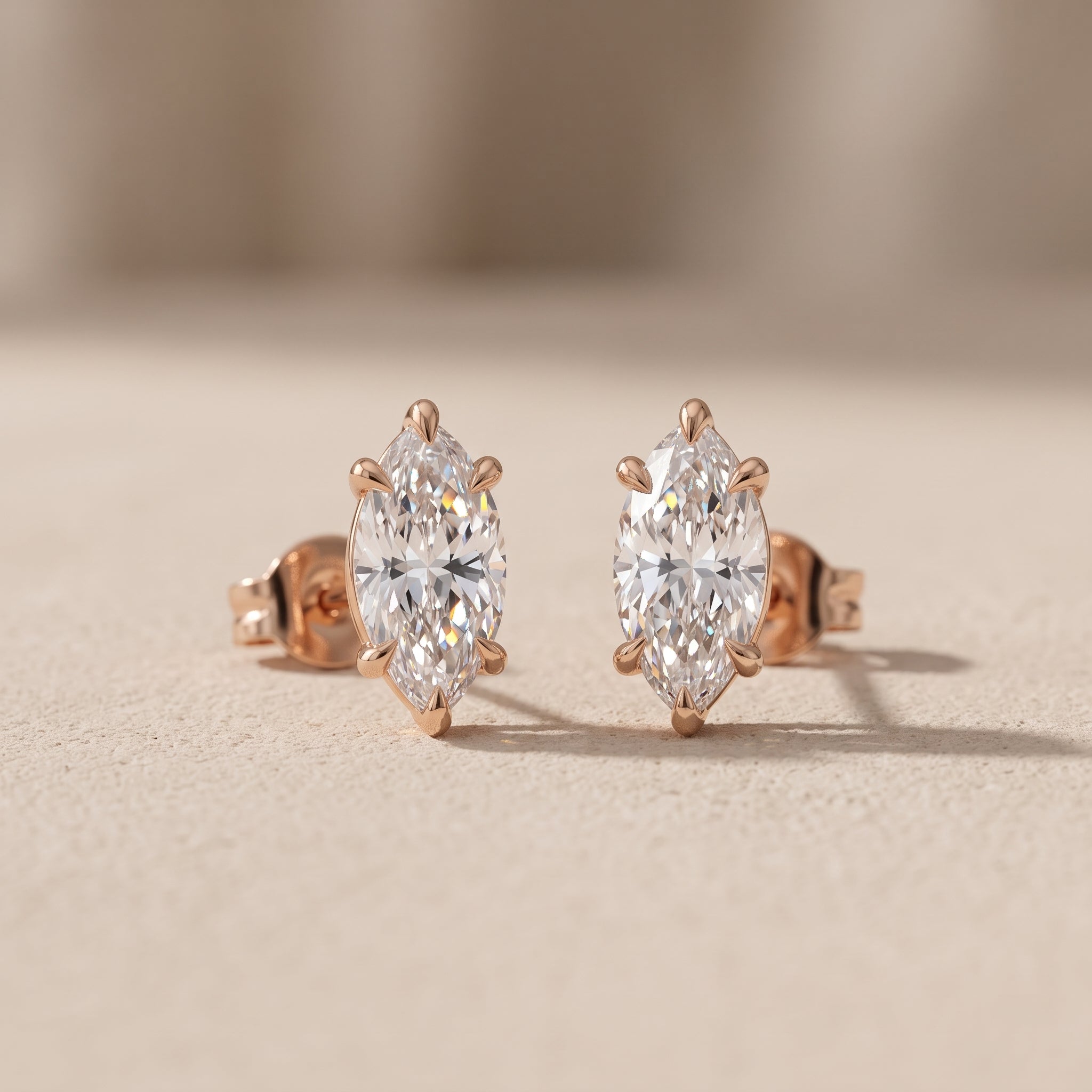Rose Gold Marquise Moissanite Stud Earrings