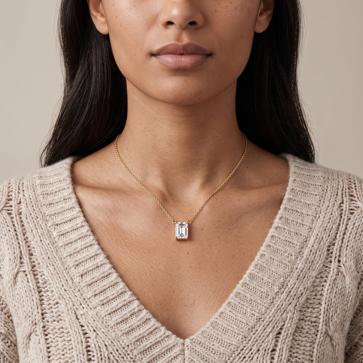 Yellow Gold Emerald Cut Moissanite Solitaire Pendant Necklace
