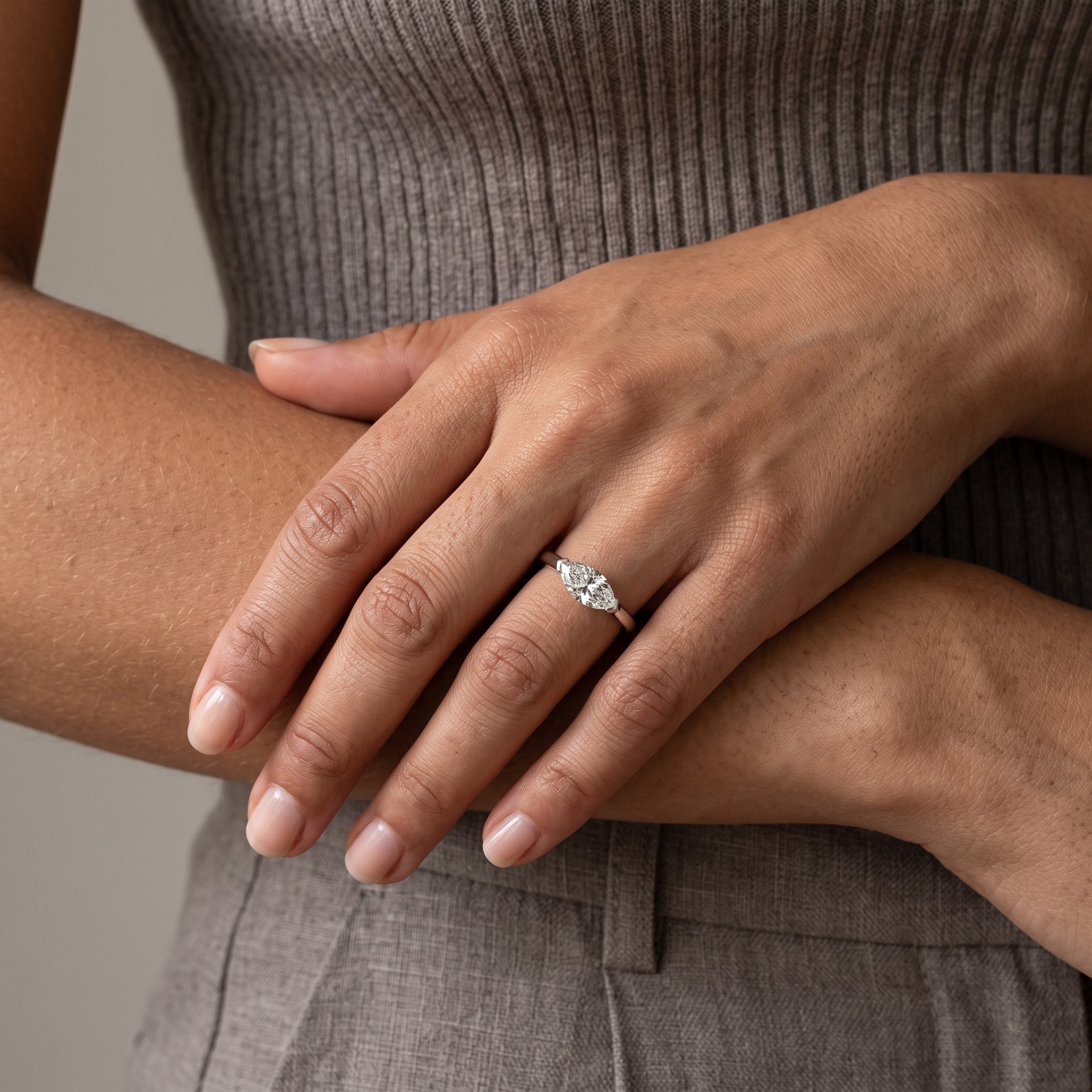 White Metal Marquise Moissanite Solitaire Engagement Ring