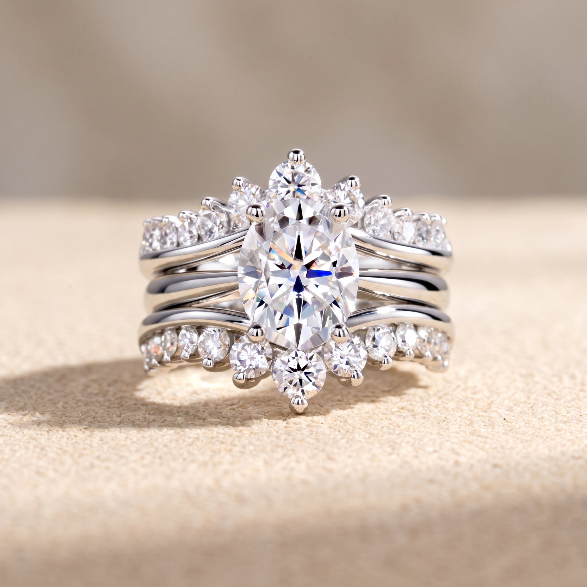 White Metal Oval Cut Moissanite Bridal Ring Set