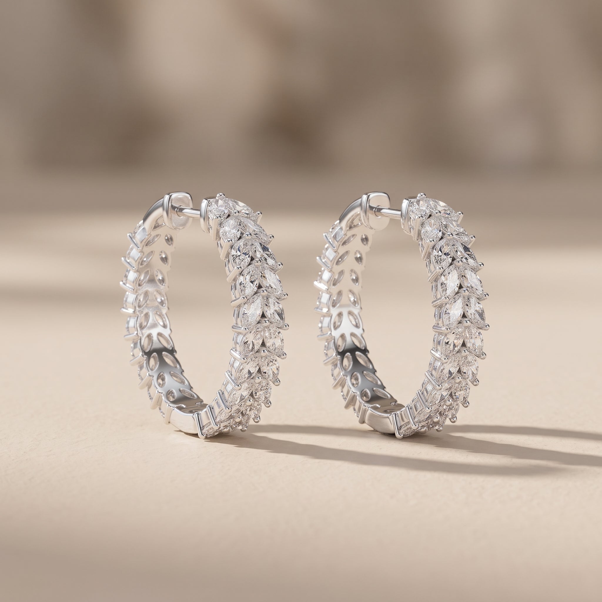 White Metal Marquise Cut Moissanite Hoop Earrings