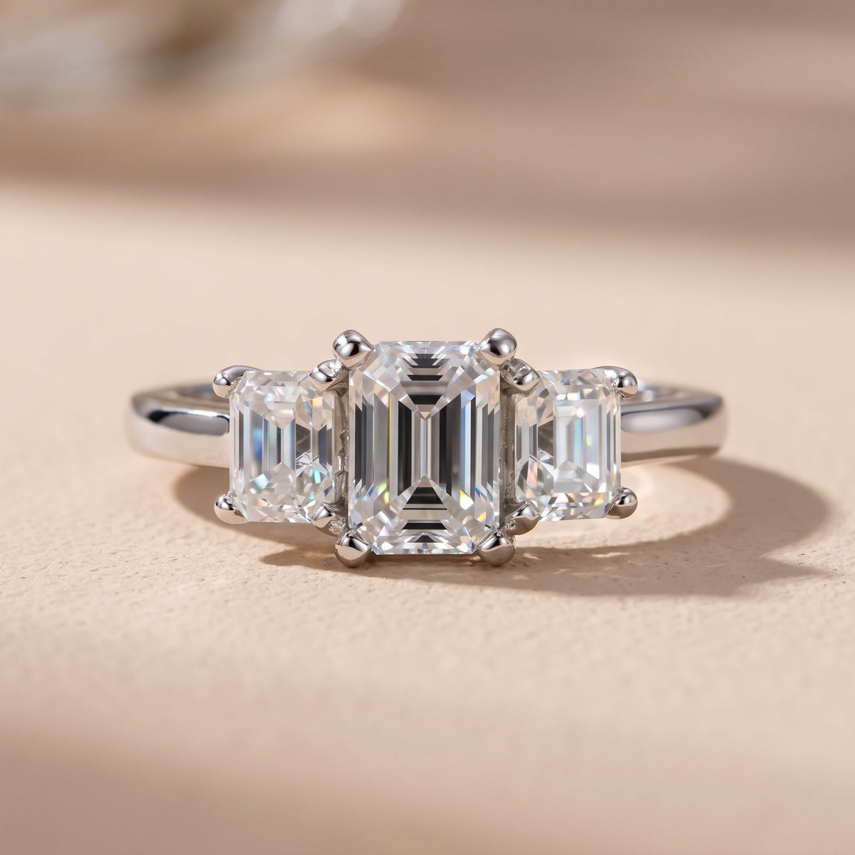 White Emerald Cut Moissanite Three-Stone Engagement Ring