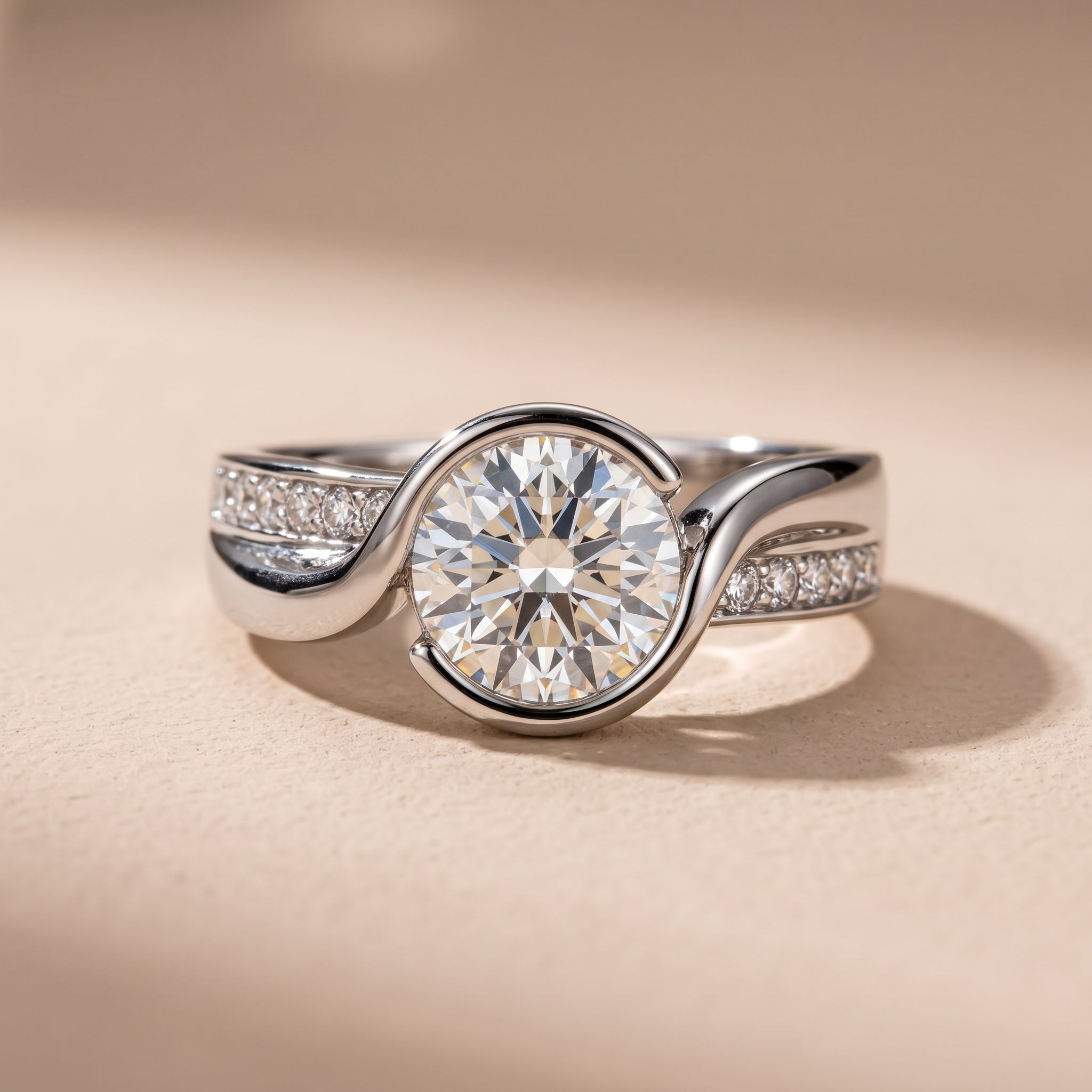 White Metal Round Moissanite Engagement Ring with Twisted Band