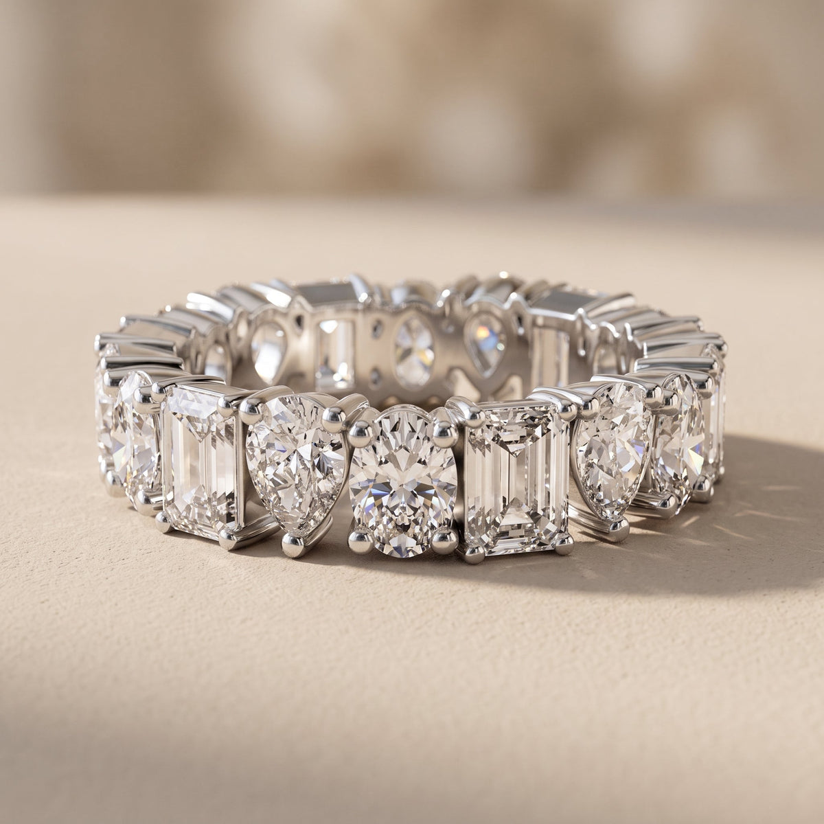 White Metal Emerald, Pear & Oval Cut Moissanite Eternity Band Ring