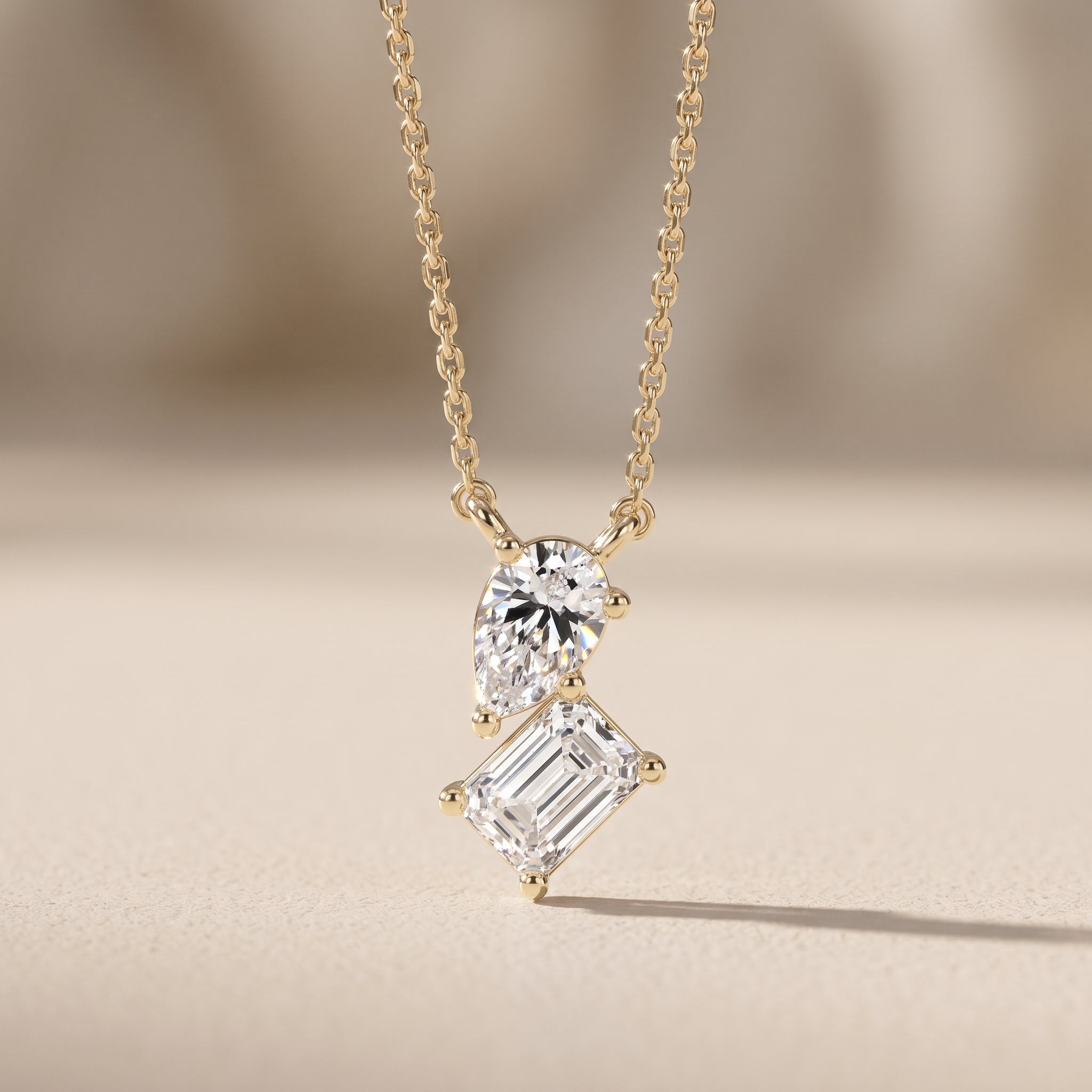 Yellow Gold Pear & Emerald Cut Moissanite Pendant Necklace