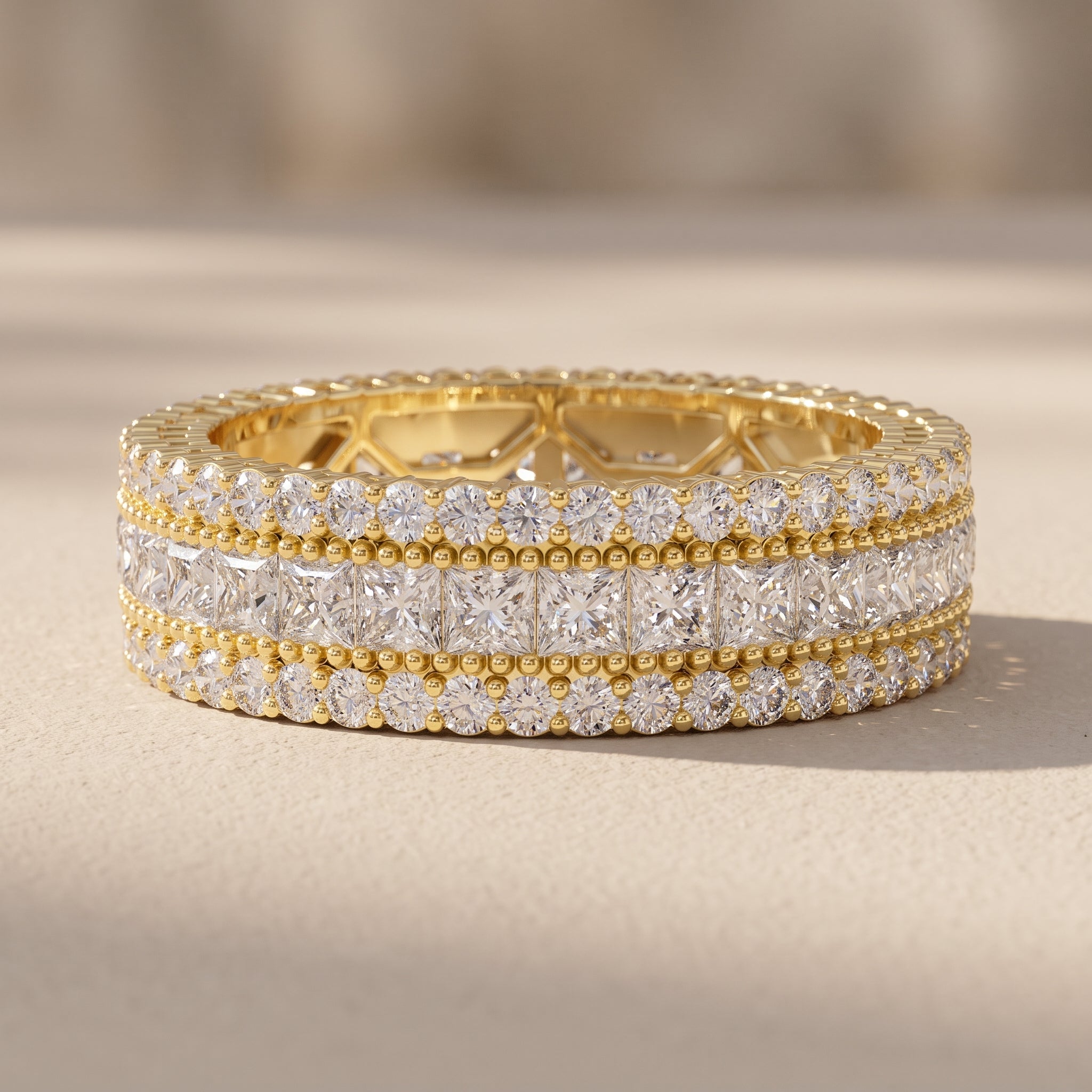 Yellow Gold Princess & Round Cut Moissanite Eternity Band