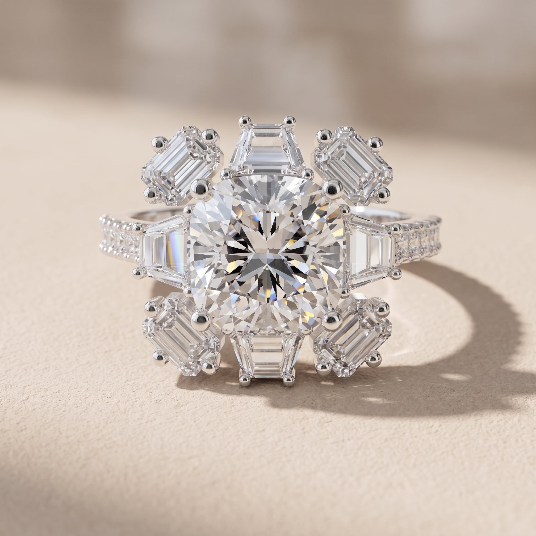 White Gold Cushion Moissanite Floral Halo Engagement Ring