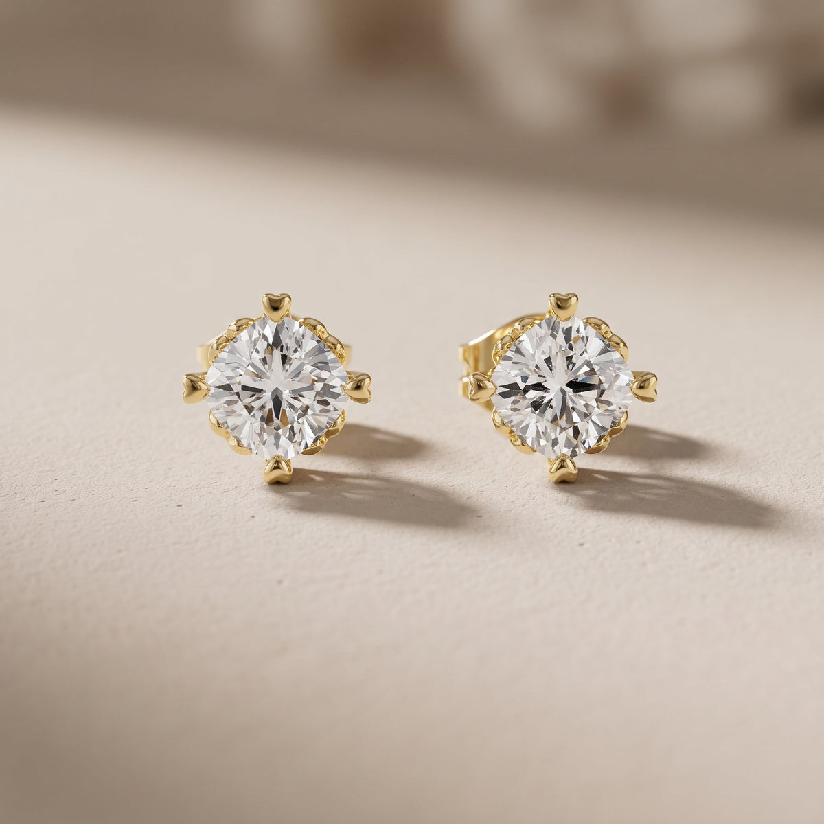 Yellow Gold Cushion Moissanite Stud Earrings