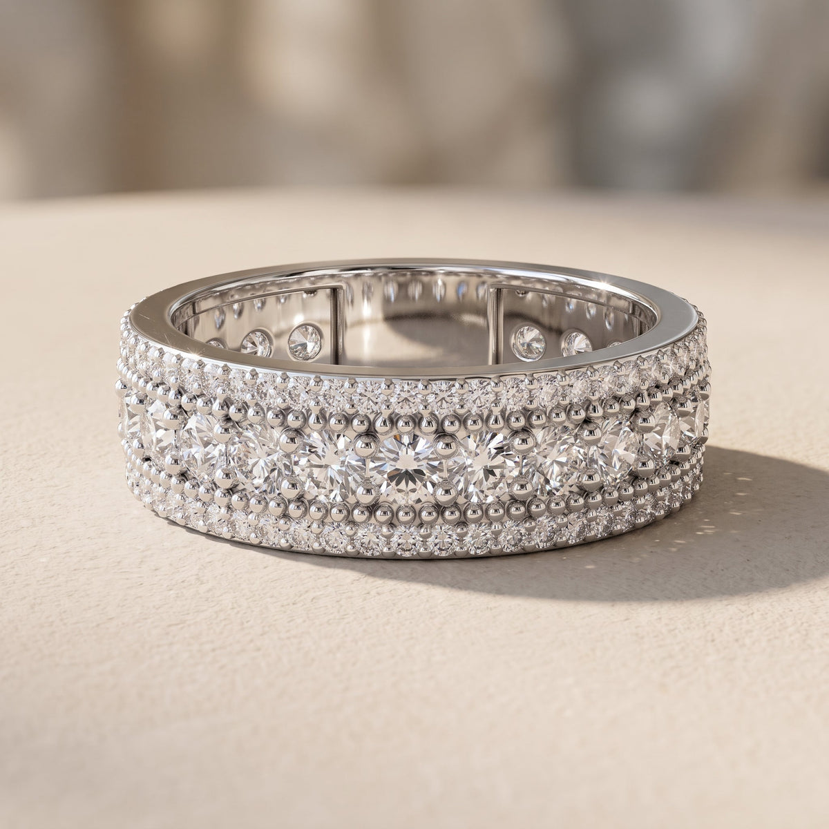 White Metal Round Moissanite Wide Band Ring