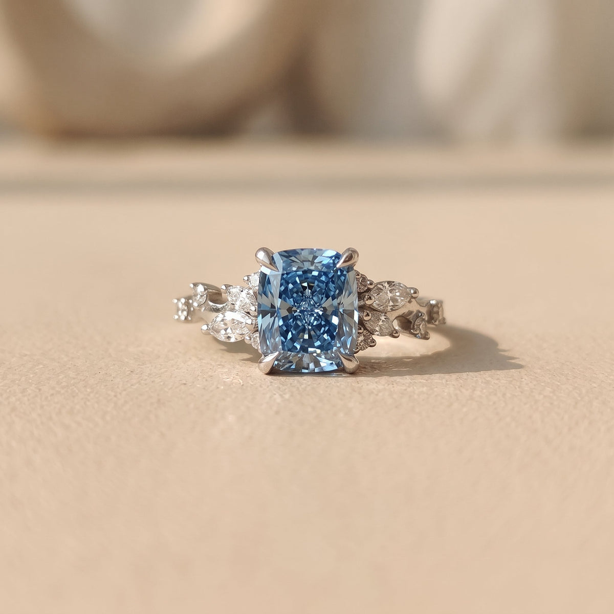 White Gold Cushion Cut Blue Moissanite Engagement Ring