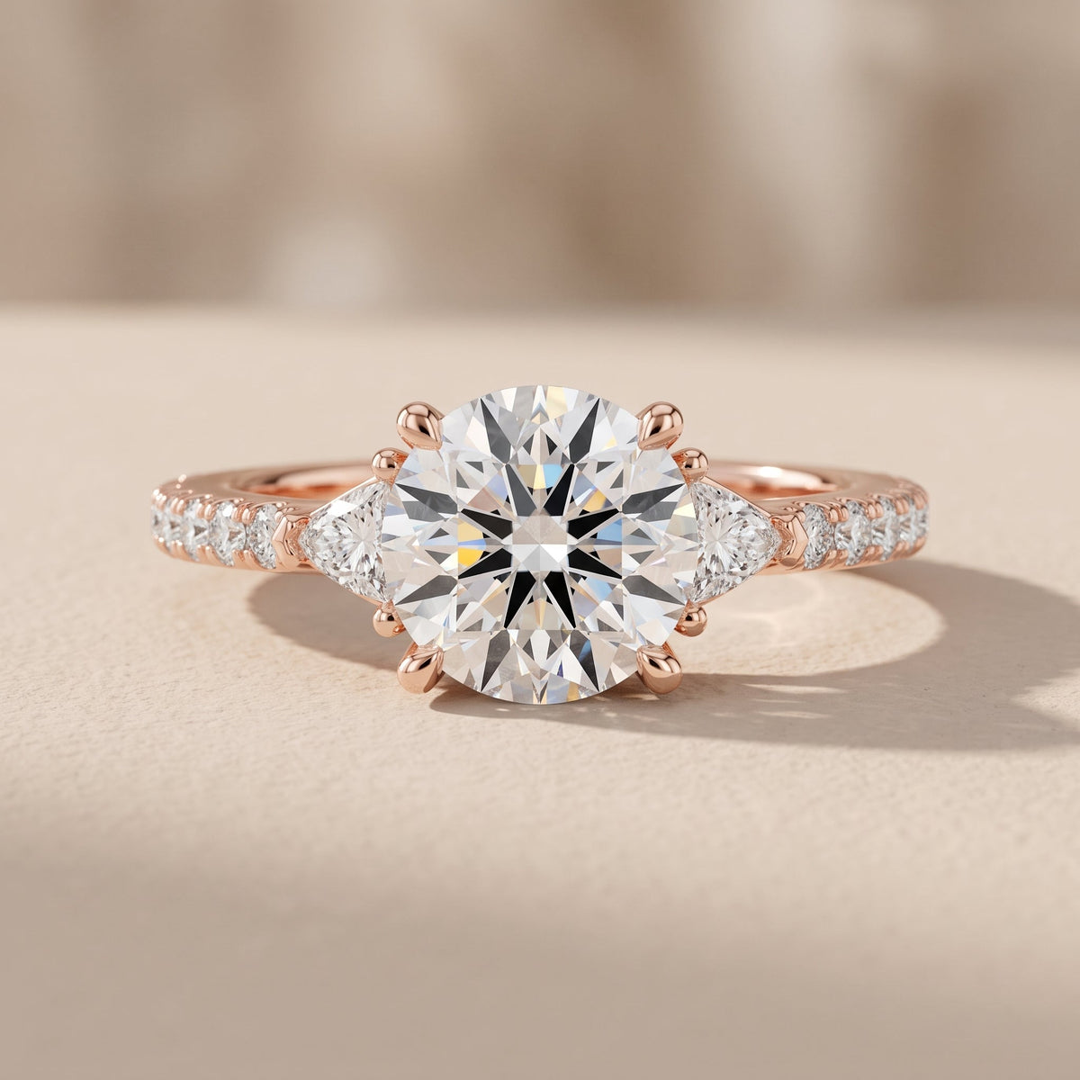 Rose Gold Round Moissanite Three Stone Engagement Ring