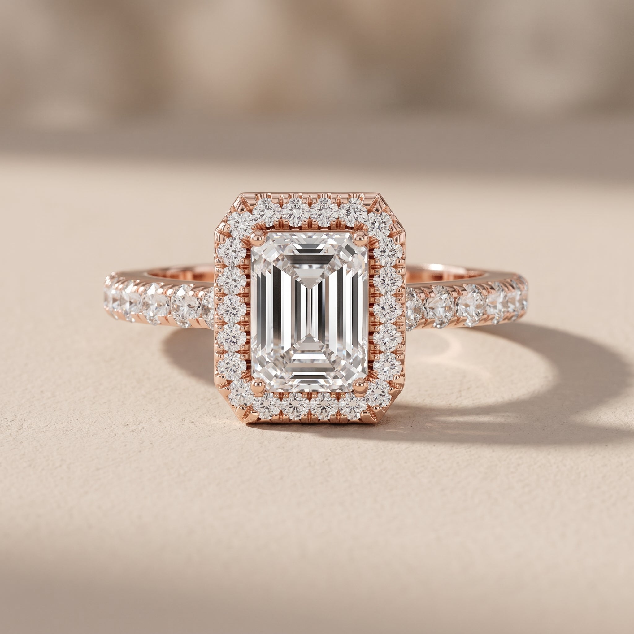 Rose Gold Emerald Cut Moissanite Halo Engagement Ring