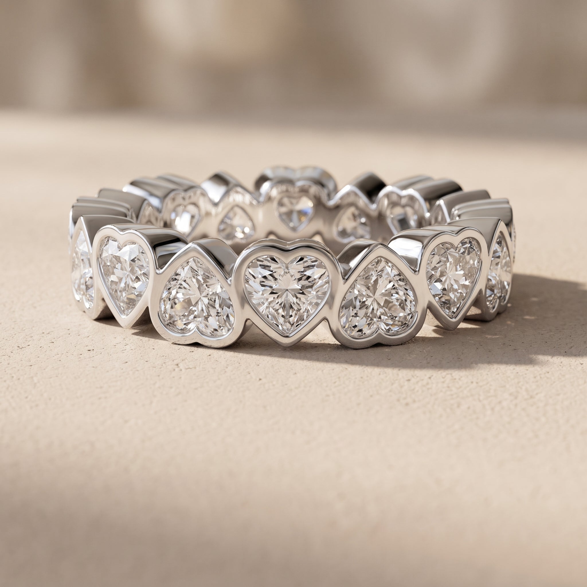 White Gold Heart Cut Moissanite Eternity Band Ring