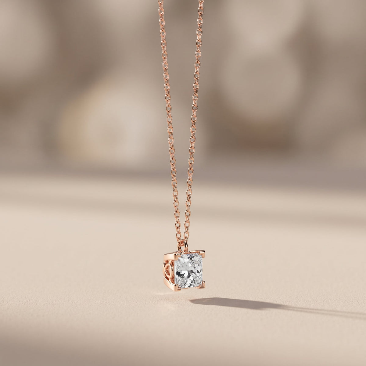 Rose Gold Princess Cut Moissanite Pendant Necklace