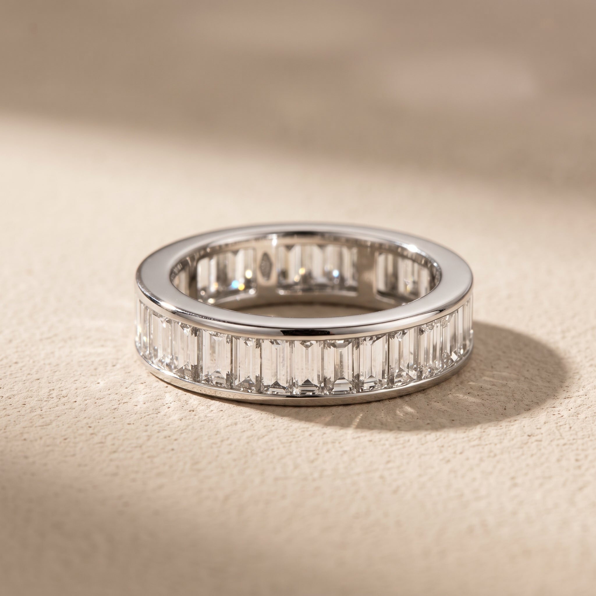 White Metal Baguette Cut Moissanite Eternity Band Ring