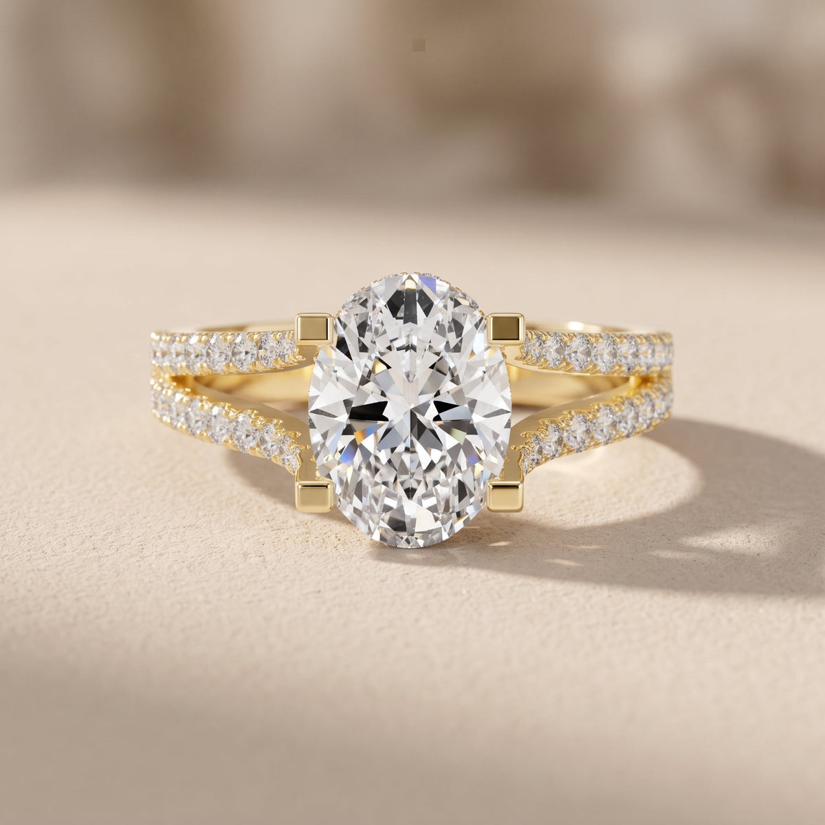 Yellow Gold Oval Cut Moissanite Split Shank Engagement Ring