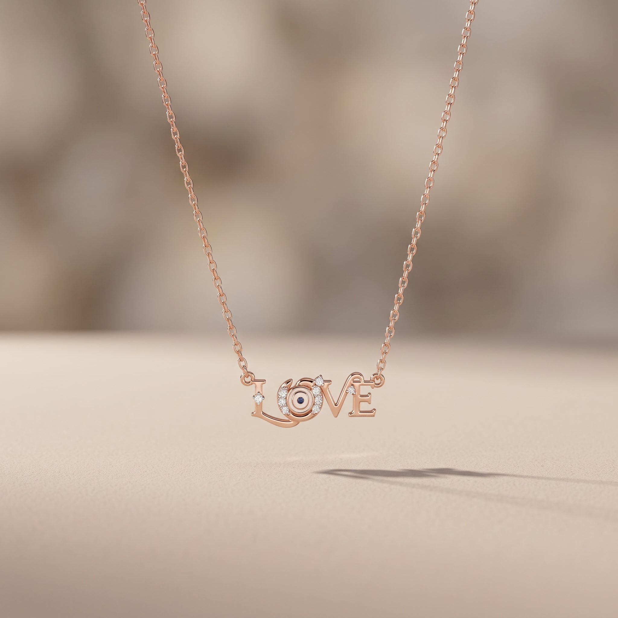 Rose Gold Round Moissanite LOVE Pendant Necklace