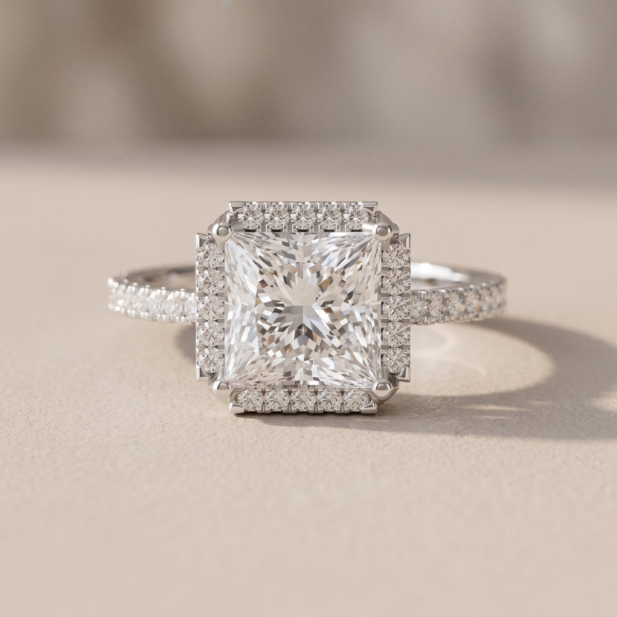 White Metal Princess Cut Moissanite Halo Engagement Ring