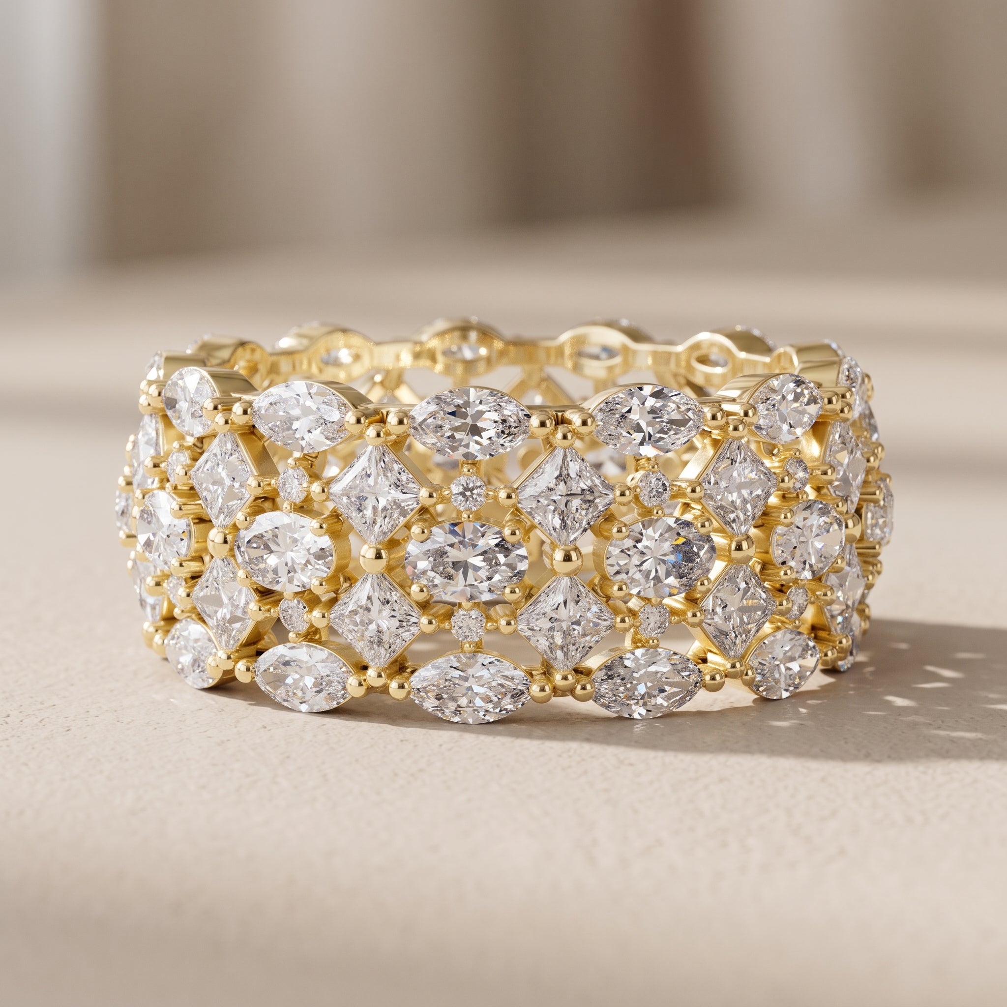 Yellow Gold Multi Shape Moissanite Wide Band Ring